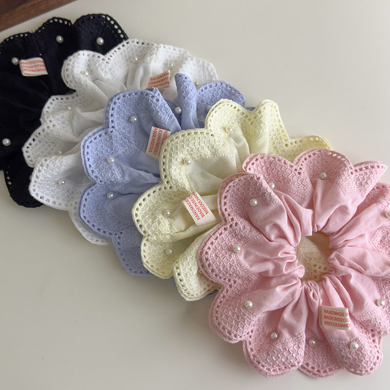 E廠-韓國小清新珍珠刺繡蕾絲大腸髮圈2025新款扎馬尾氣質髮飾丸子頭繩「27076」25.06-3