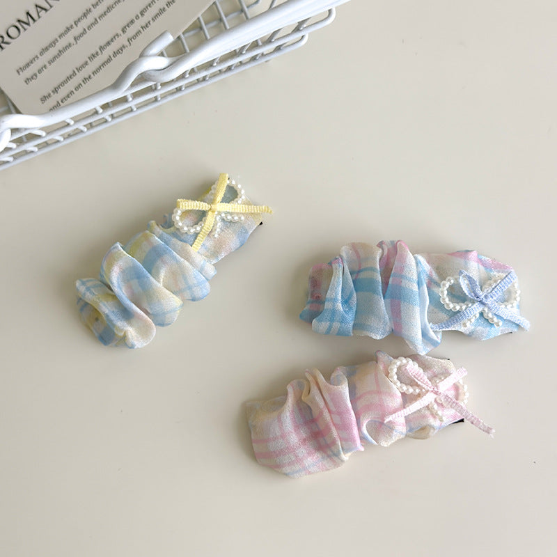 E廠-可愛奶油系淺色格子蝴蝶結大腸髮圈甜美珍珠蝴蝶結髮夾髮飾髮繩女「27114」25.06-4