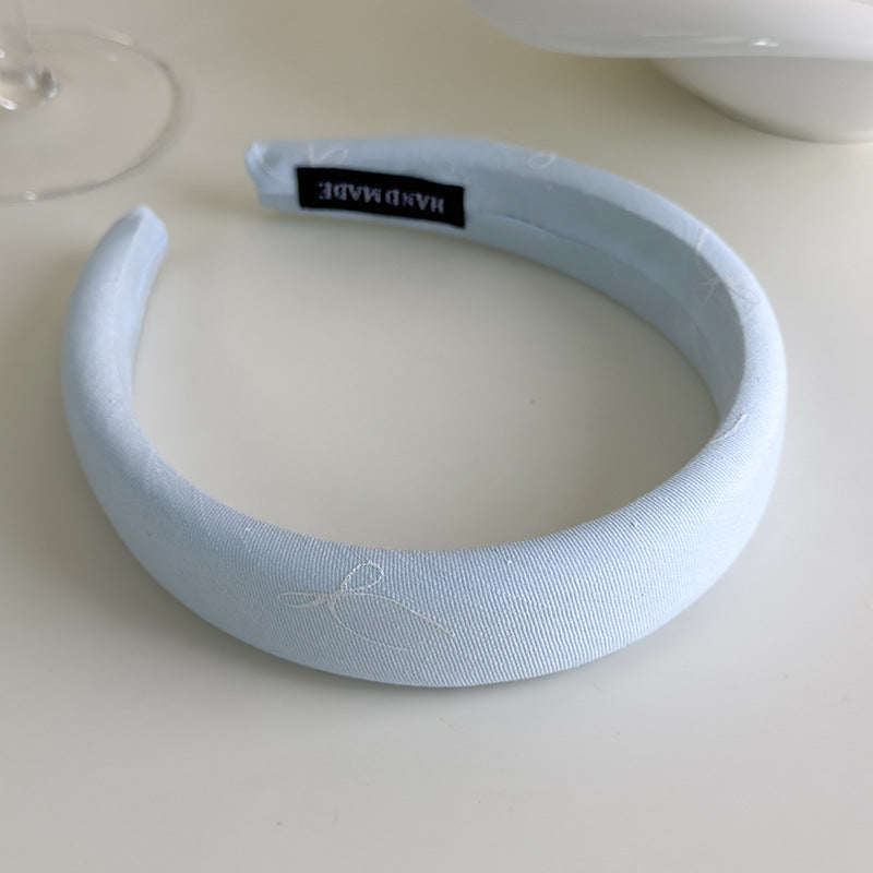 E廠-海鹽藍色系~法式蝴蝶結印花布藝寬邊髮箍清爽百搭高顱頂海綿頭箍「27043」25.06-1