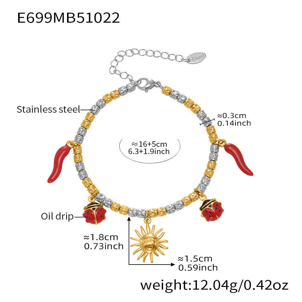B廠-跨境新款不鏽鋼小辣椒太陽多配件壓紋鋼珠手鍊組合鍍18k金「E699-E700」25.10-5
