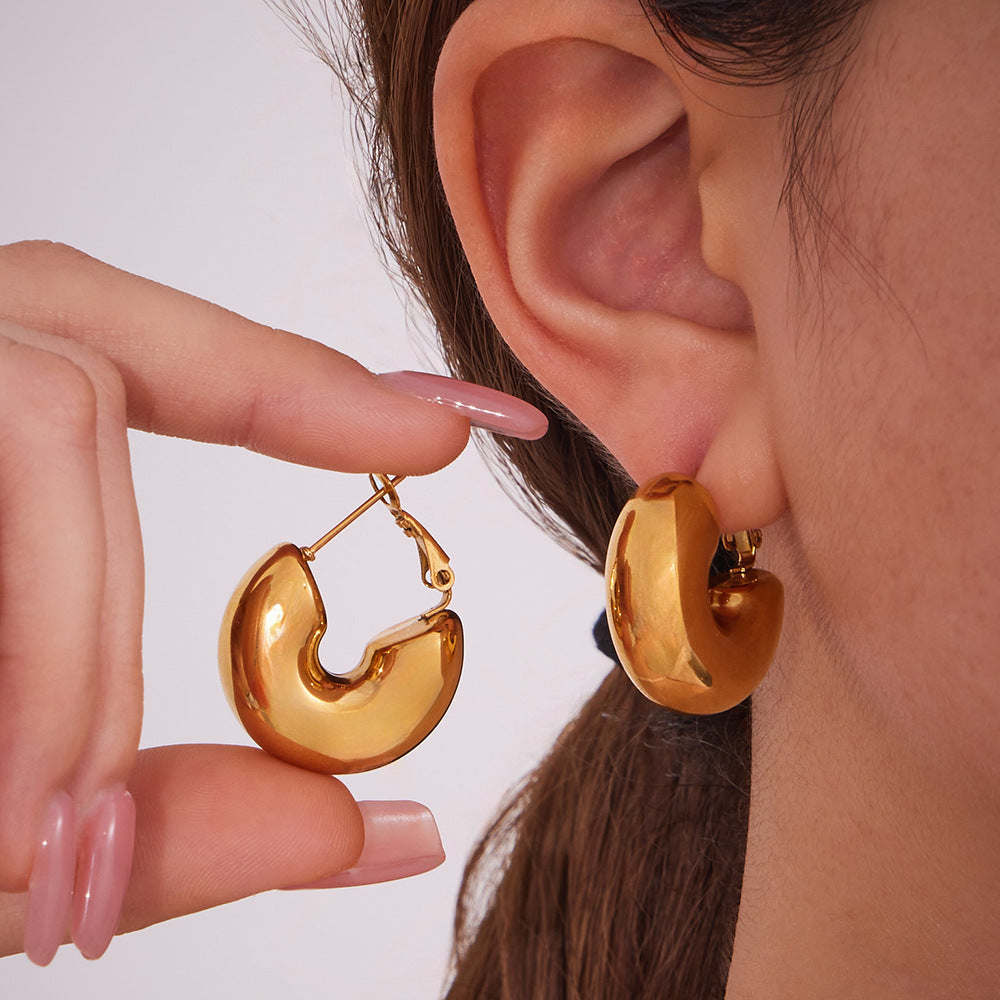 B廠-歐美飾品不鏽鋼胖乎乎小號空心C型耳環鍍18k真金耳釘不掉色「F412」25.08-5