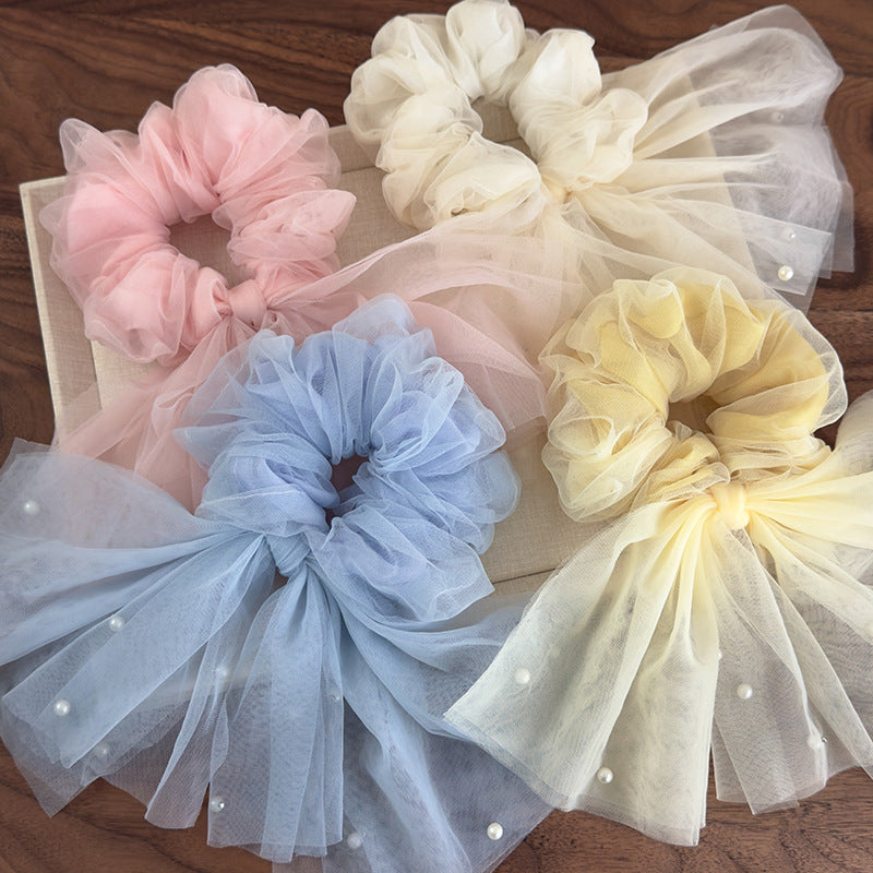 E廠-仙飄逸春夏新款韓國網紗釘珍珠魚尾飄帶大腸圈髮圈甜美馬尾頭繩「26885」25.05-1