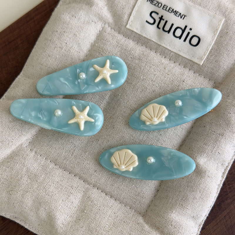 E廠-海藍色貝殼海星醋酸高級感邊夾化妝夾可愛度假風髮夾瀏海夾碎髮夾「27068」25.06-2
