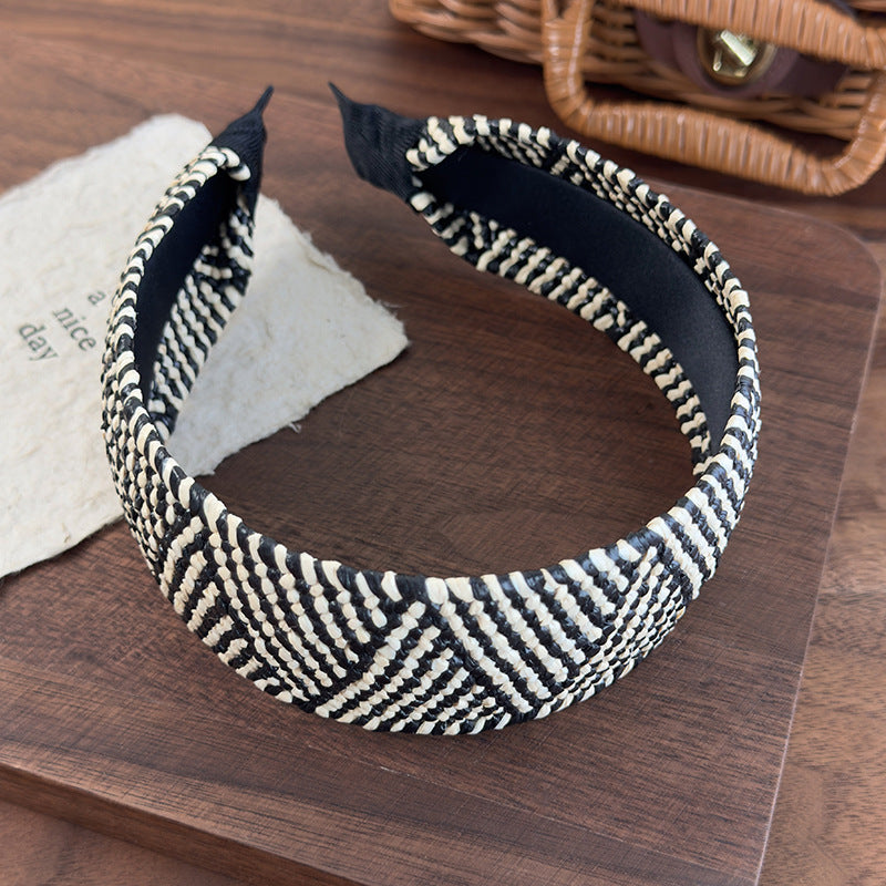 E廠-復古老錢風草編寬邊髮箍女高級感日常外戴頭箍高顱頂度假髮捆頭飾「26926」25.05-3