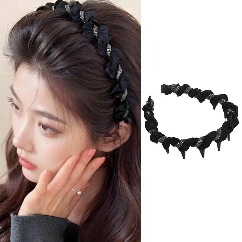 E廠-輕奢黑色纏繞布藝髮箍女2024新款氣質高級感壓髮帶齒防滑頭箍髮卡「26706」25.03-4