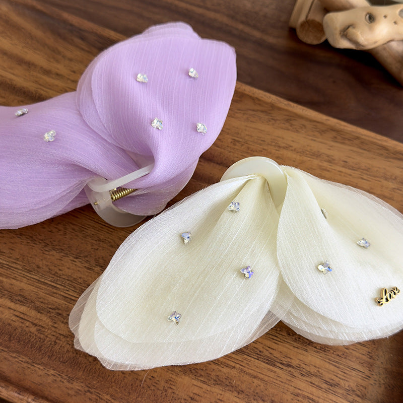 E廠-溫柔薄紗蝴蝶抓夾夢幻法式閃鑽網紗髮夾髮抓大號後腦勺盤髮鯊魚夾「26982」25.05-4