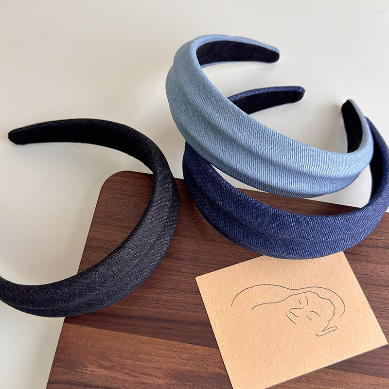 E廠-小清新風~韓系牛仔布藝簡約寬邊髮箍女款2025新款高顱頂頭箍髮飾「27250」25.07-4