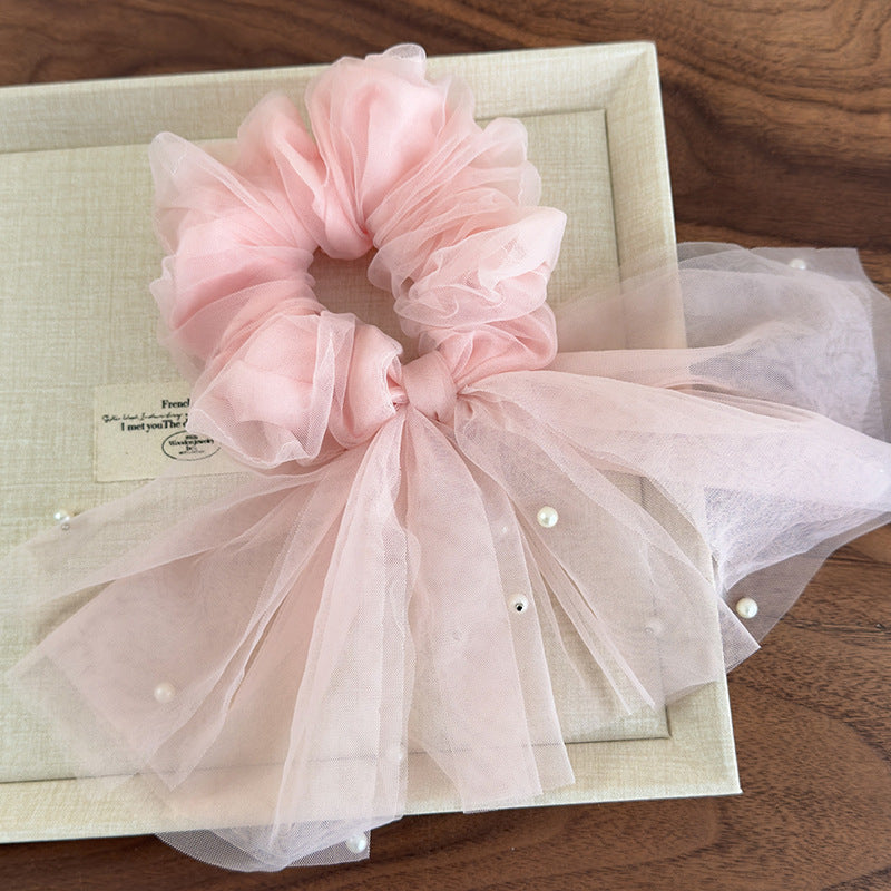 E廠-仙飄逸春夏新款韓國網紗釘珍珠魚尾飄帶大腸圈髮圈甜美馬尾頭繩「26885」25.05-1