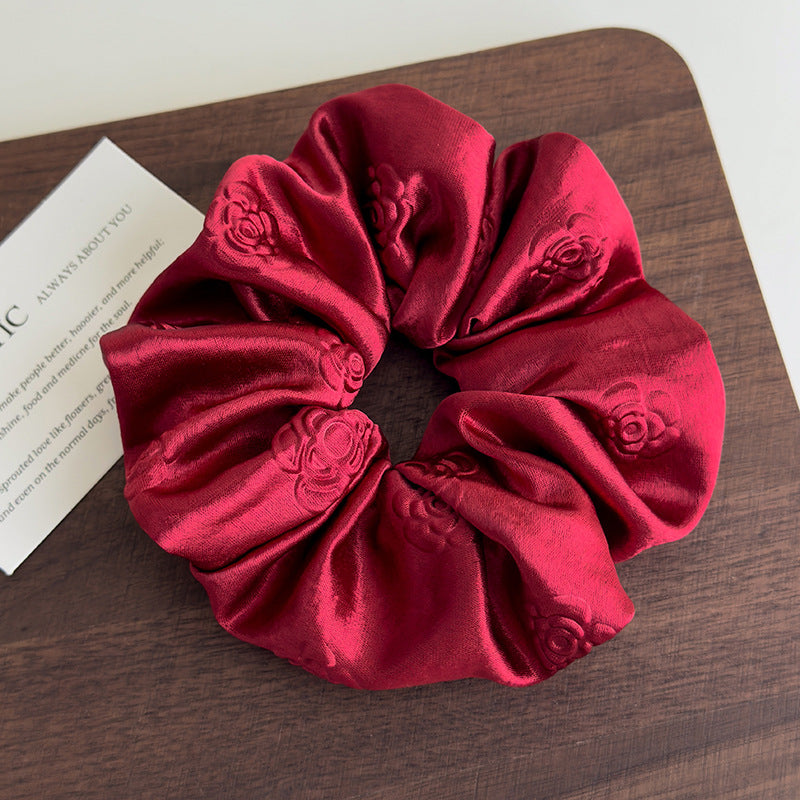 E廠-高級感純色輕奢立體壓花緞面大腸髮圈女慵懶風簡約百搭扎頭髮皮筋「27104」25.06-4