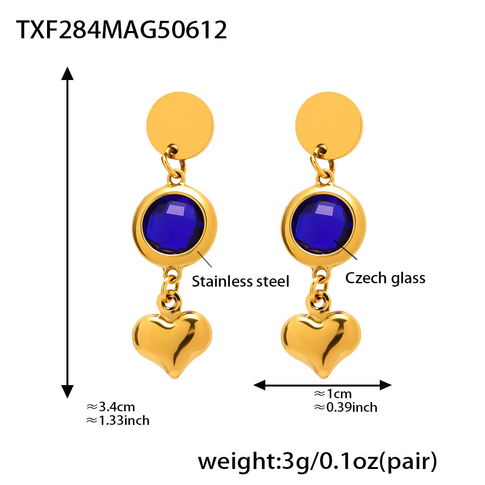 B廠-歐美新款捷克玻璃愛心流蘇耳環時尚氣質不鏽鋼18K真金耳飾「TXF284」25.06-3