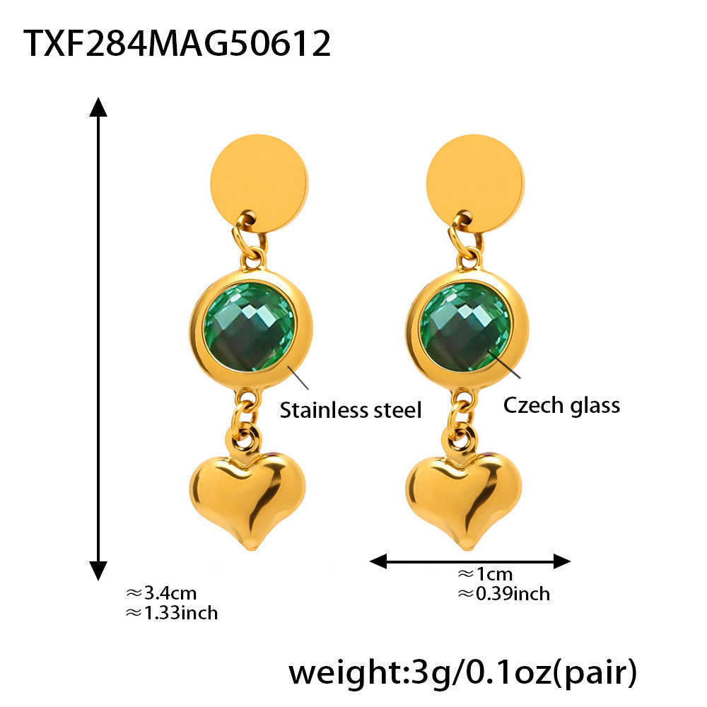 B廠-歐美新款捷克玻璃愛心流蘇耳環時尚氣質不鏽鋼18K真金耳飾「TXF284」25.06-3