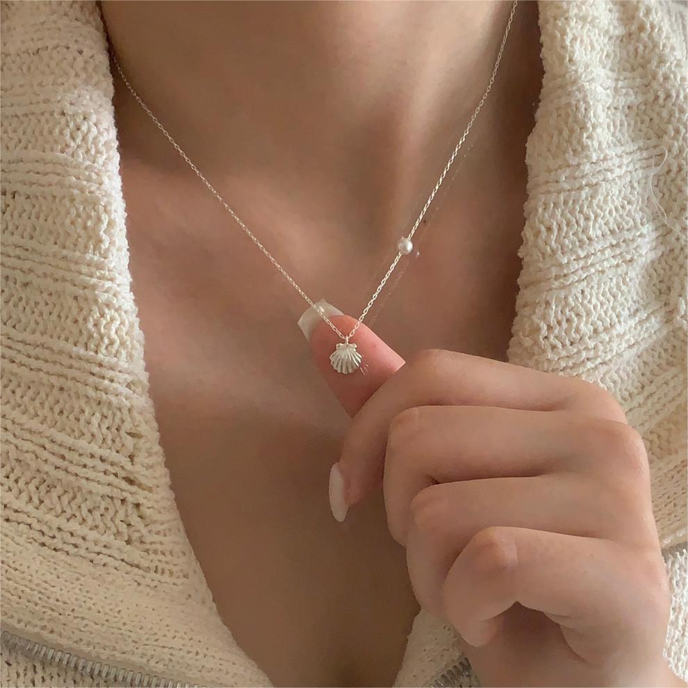 F廠-韓國韓版925純銀貝殼珍珠項鍊簡約ins網紅抖音小紅書項鍊「B1189」25.09-3