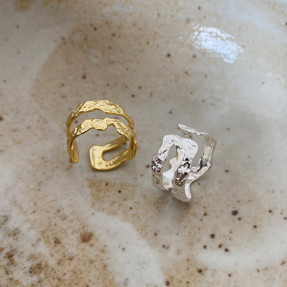 F廠-韓國東大門ins不規則褶皺雙層肌理S925純銀戒指女銀指環 批發「J1479」25.05-3