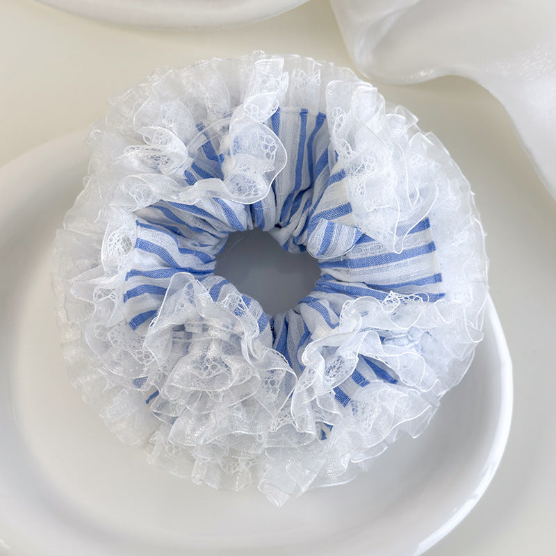 E廠-韓國ins風甜美氣質超仙多層繡球蕾絲花邊清新藍條紋大腸髮圈髮飾「26844C」25.04-4