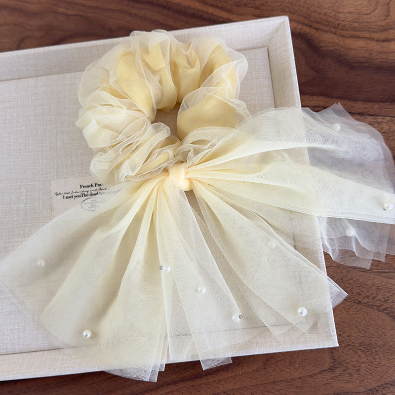 E廠-仙飄逸春夏新款韓國網紗釘珍珠魚尾飄帶大腸圈髮圈甜美馬尾頭繩「26885」25.05-1