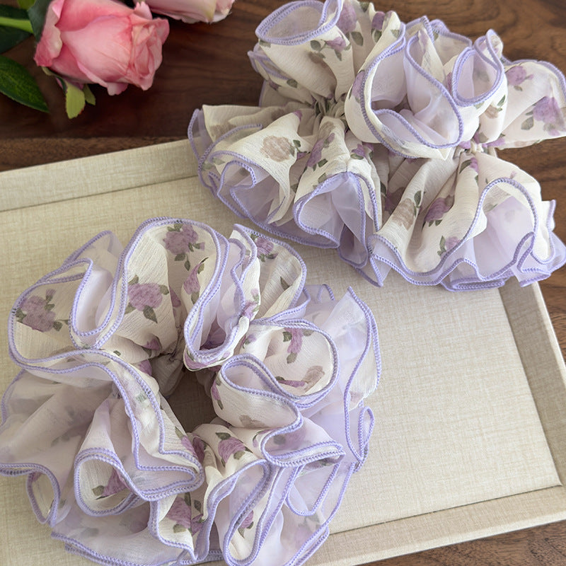 E廠-紫色碎花甜美網紗髮圈輕薄仙氣俏皮碎花大腸圈馬尾髮繩頭花髮飾「27103」25.06-3