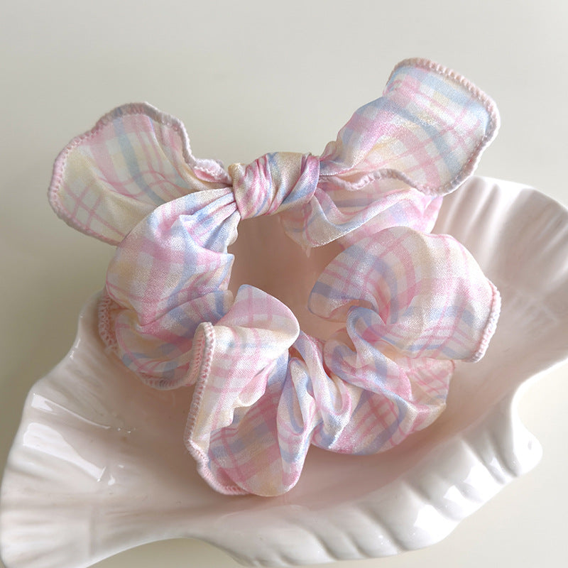 E廠-可愛奶油系淺色格子蝴蝶結大腸髮圈甜美珍珠蝴蝶結髮夾髮飾髮繩女「27114」25.06-4