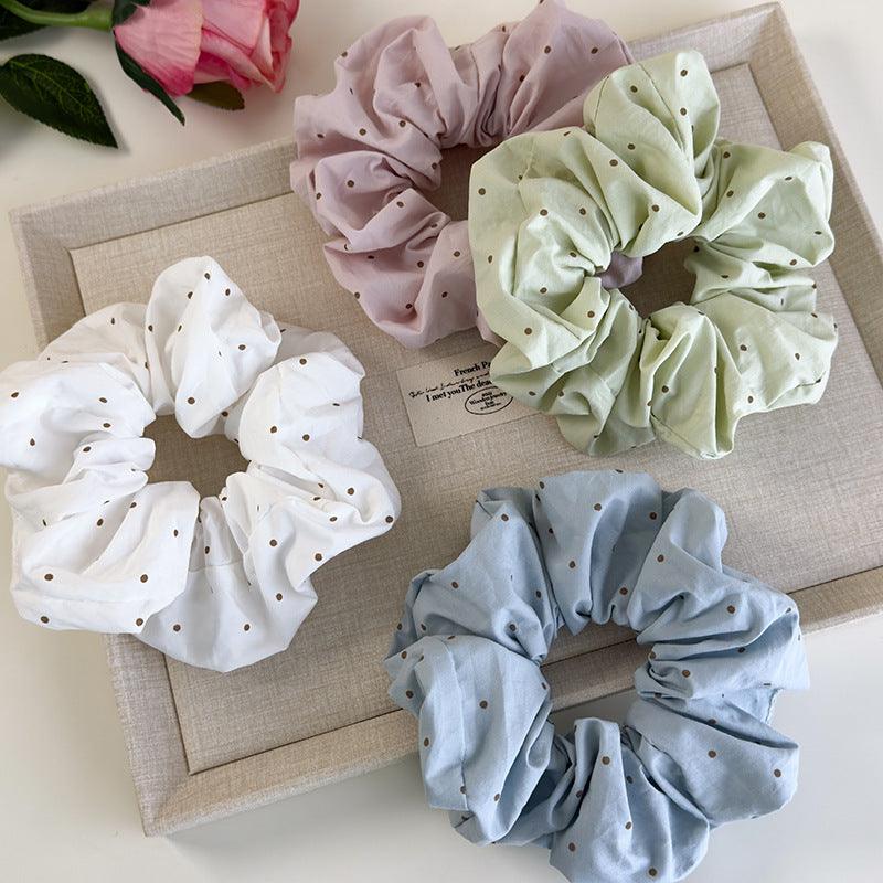 E廠-新品溫柔色純色褶皺髮圈彩色布藝咖色波點大腸圈丸子頭髮繩頭繩女「26780」25.04-2