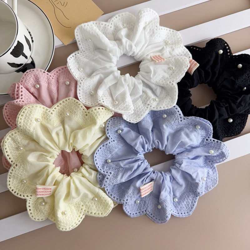 E廠-韓國小清新珍珠刺繡蕾絲大腸髮圈2025新款扎馬尾氣質髮飾丸子頭繩「27076」25.06-3