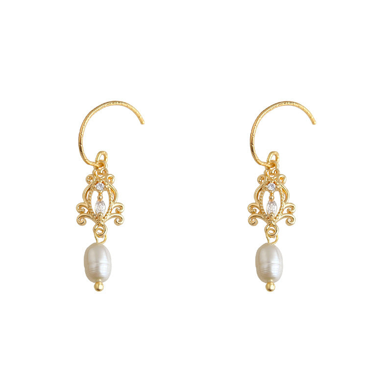 A廠-淡水珍珠微鑲鋯石文藝復古宮廷風新款鏤空法式耳環新款耳飾「6893」25.10-2