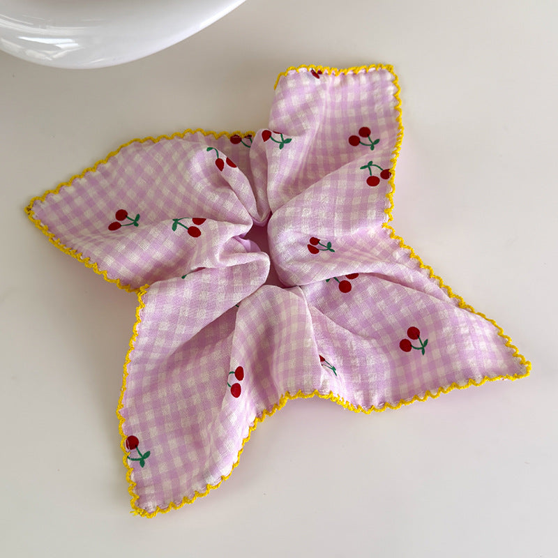 E廠-甜美韓國格子櫻桃方巾大腸髮圈女方形紮頭髮低馬尾髮繩頭繩髮飾品「27018」25.05-5