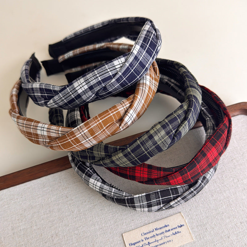 E廠-復古英倫學院風格紋髮箍時尚百搭簡約麻花交叉格子增高顱頂頭箍「27344」25.08-3