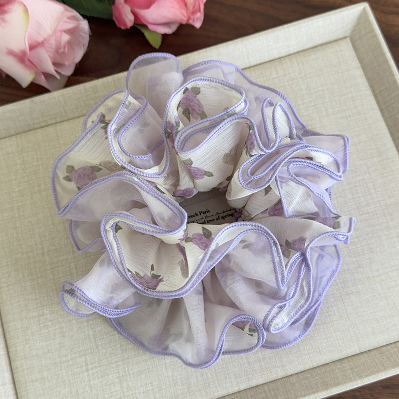 E廠-紫色碎花甜美網紗髮圈輕薄仙氣俏皮碎花大腸圈馬尾髮繩頭花髮飾「27103」25.06-3