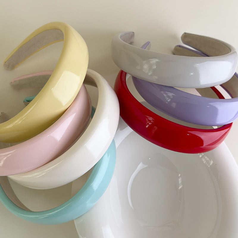 E廠-夏季多巴胺糖果色漆皮亮面皮海綿髮箍PU皮高顱頂純色頭箍髮卡髮飾「27077」25.06-3