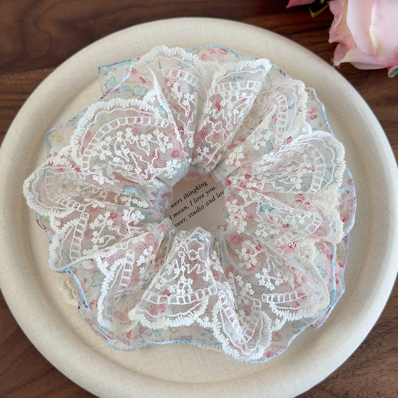 E廠-粉綠小碎花蕾絲花邊大腸髮圈女2025新款髮繩扎頭花髮飾丸子頭頭繩「26915」25.05-2