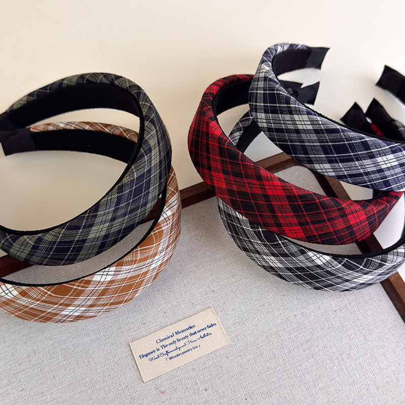 E廠-早秋復古撞色格紋髮箍美拉德色寬邊髮箍高顱頂海綿頭箍減齡學院風「27321」25.08-3