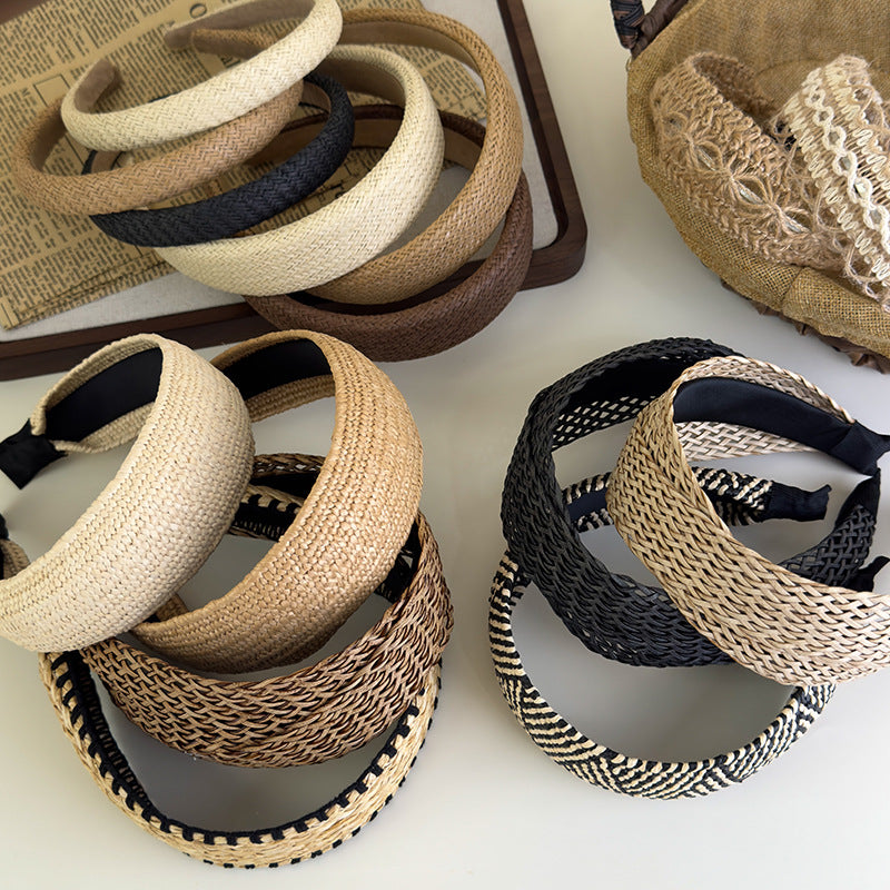 E廠-度假風草編寬邊髮箍女款波西米壓頭箍日常外戴髮捆高顱頂洗臉髮卡「25684」25.06-4