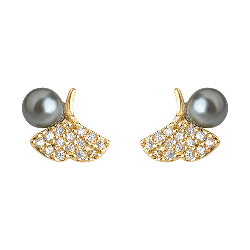 A廠-迷你版微鑲鋯石秋冬款銀杏葉耳環簡約小巧時尚通勤新款耳飾「6911」25.10-2