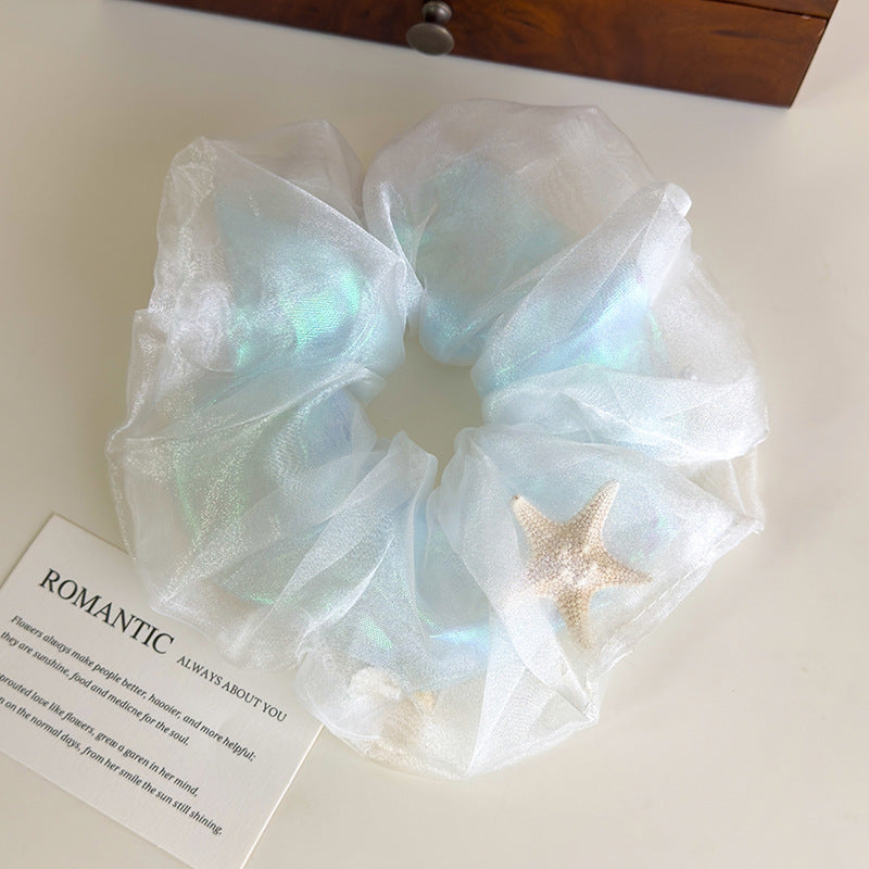 E廠-夏日海洋溫柔網紗雙層海星貝殼大腸髮圈大號丸子頭髮飾扎頭髮皮筋「27042」25.06-1