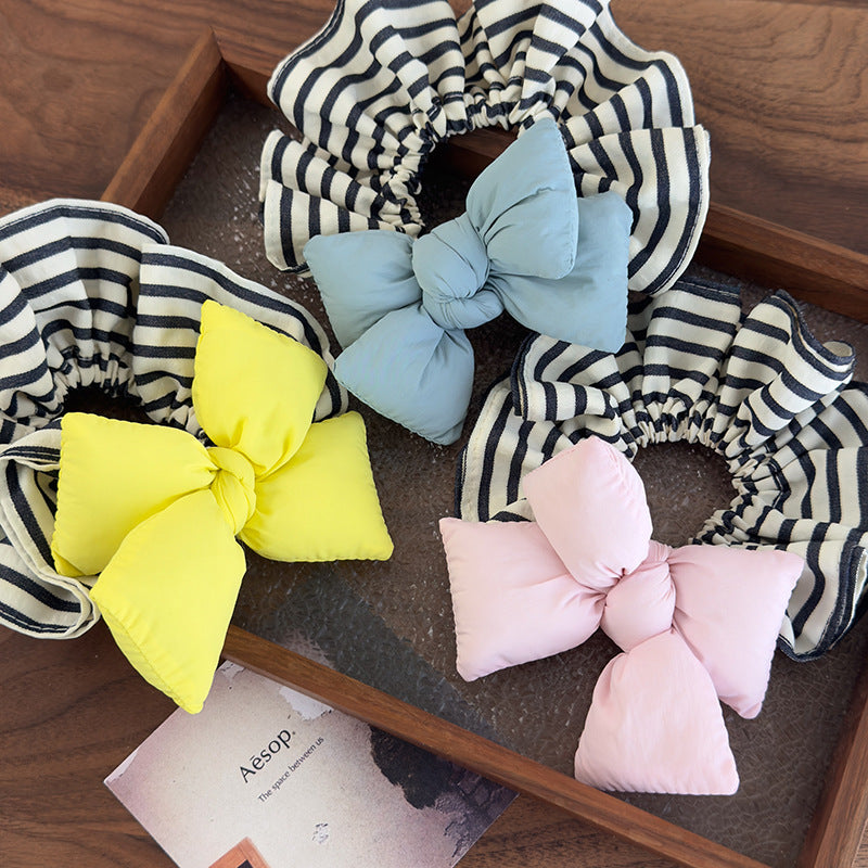 E廠-可愛麵包蝴蝶結條紋大腸圈韓系少女丸子頭皮筋充棉髮圈2025髮飾品「26918」25.05-3