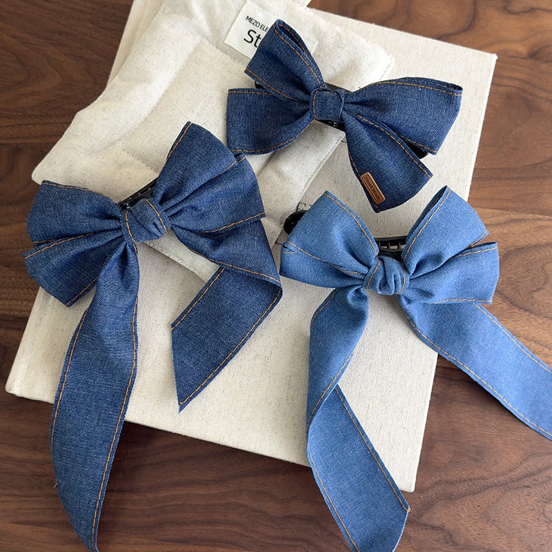 E廠-韓系時髦牛仔飄帶蝴蝶結髮夾簡約高級感後腦勺大號鴨嘴夾甜美髮飾「27096」25.06-3