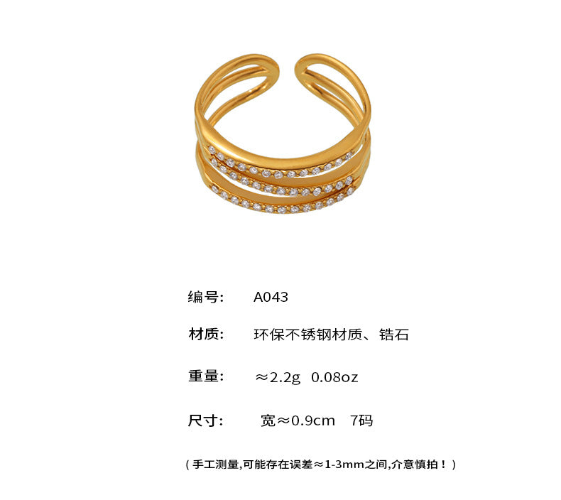 B廠-5A鋯石超細三層戒指不鏽鋼真空電鍍18K真金開口可調節飾品「A035-A043」25.04-4