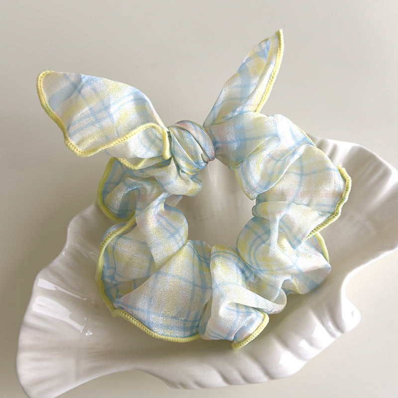 E廠-可愛奶油系淺色格子蝴蝶結大腸髮圈甜美珍珠蝴蝶結髮夾髮飾髮繩女「27114」25.06-4