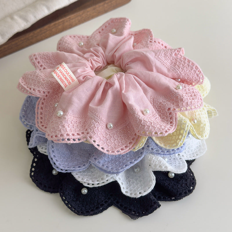 E廠-韓國小清新珍珠刺繡蕾絲大腸髮圈2025新款扎馬尾氣質髮飾丸子頭繩「27076」25.06-3