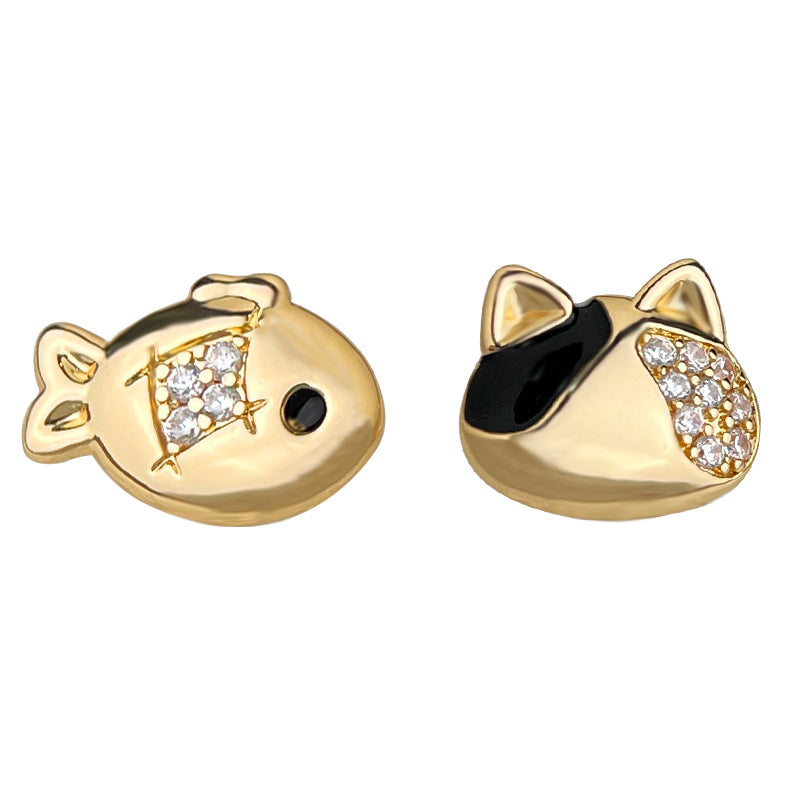 A廠-原始設計不對稱微鑲鋯石925銀針鍍14K小魚與貓咪耳環可愛清新耳飾「6931」25.10-3