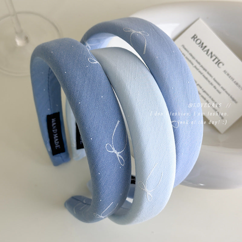 E廠-海鹽藍色系~法式蝴蝶結印花布藝寬邊髮箍清爽百搭高顱頂海綿頭箍「27043」25.06-1