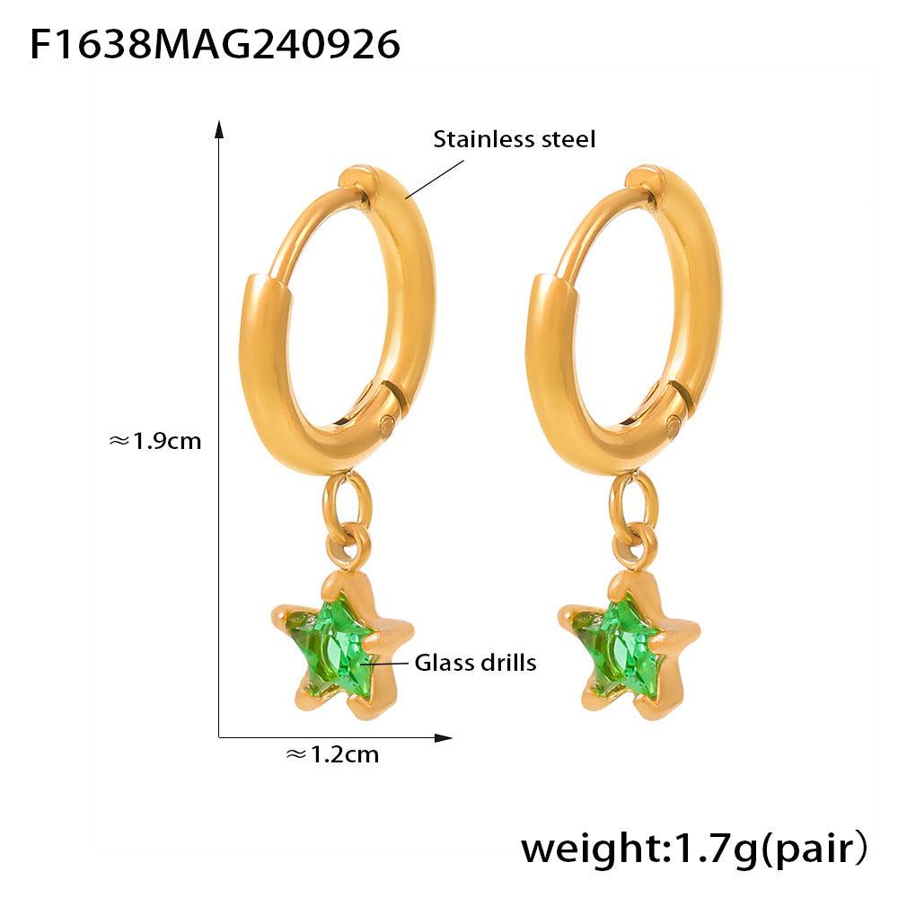 B廠-跨境熱銷多彩玻璃鑽五角星耳墜 鍍18K真金歐美小眾不鏽鋼穿孔耳環「F1638」24.10-1