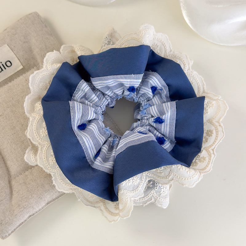 E廠-甜美藍色系蕾絲大腸髮圈女高級感扎頭髮花朵頭繩丸子頭髮飾毛點點「26844H」25.04-4