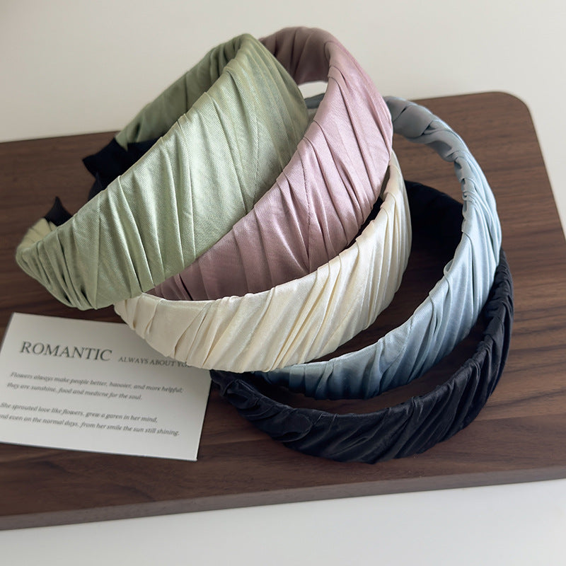 E廠-高品質低飽和度緞面質感褶皺髮箍女高顱頂布藝纏繞寬邊壓髮頭箍「27130」25.06-4