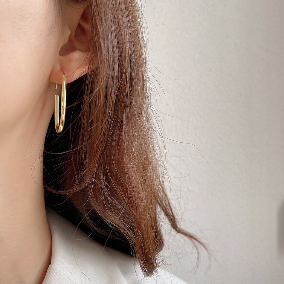 F廠-韓國韓版925純銀U形金色自然圓弧耳環耳圈通體純銀耳釘「C772」25.07-4