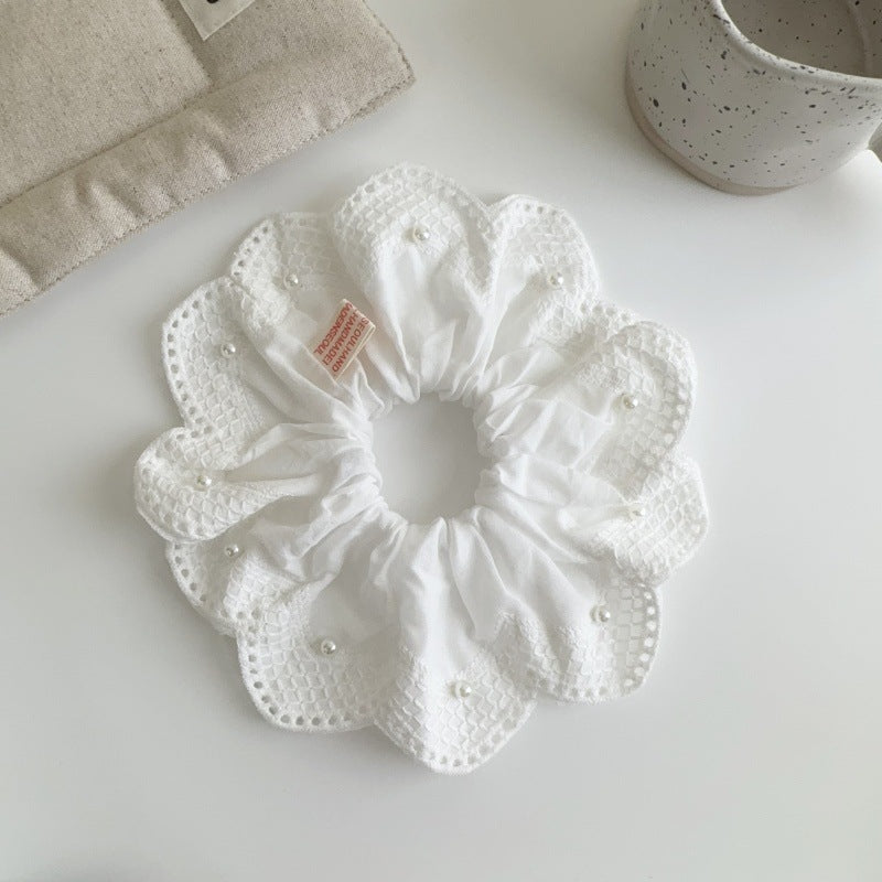 E廠-韓國小清新珍珠刺繡蕾絲大腸髮圈2025新款扎馬尾氣質髮飾丸子頭繩「27076」25.06-3