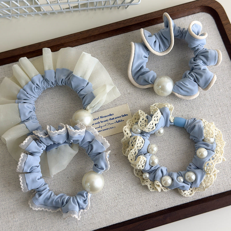 E廠-軟萌奶藍色蕾絲花邊珍珠髮圈甜美少女心大腸圈扎髮繩頭花皮筋頭飾「27115」25.06-4