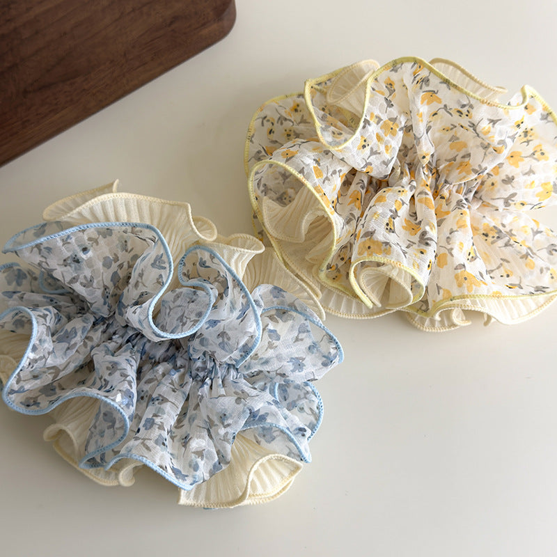 E廠-泡泡紗碎花雙層褶皺花邊大腸髮圈女扎頭髮低馬尾皮筋丸子頭繩髮飾「27063」25.06-2