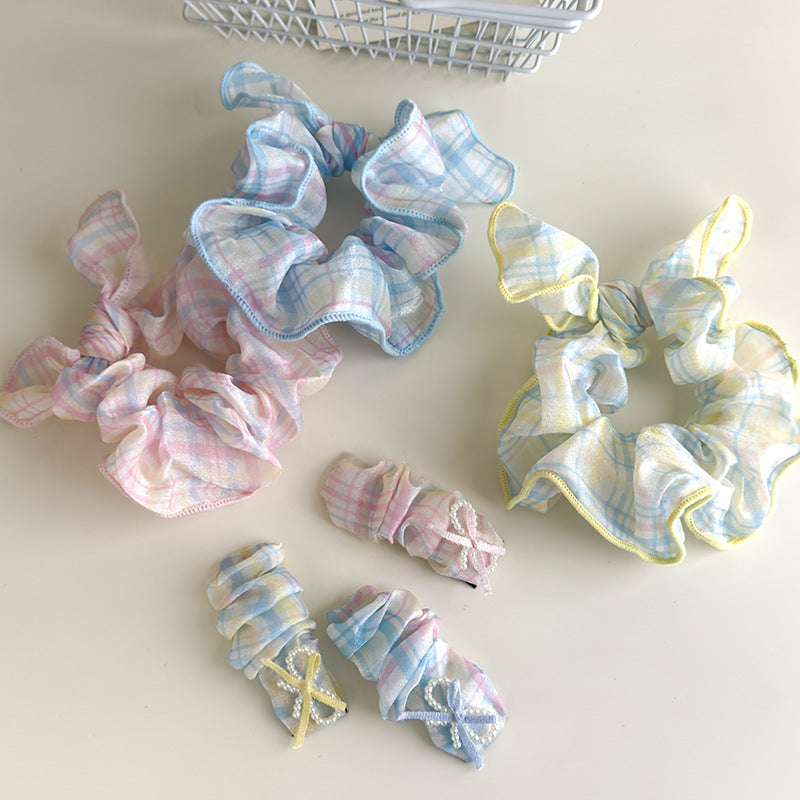 E廠-可愛奶油系淺色格子蝴蝶結大腸髮圈甜美珍珠蝴蝶結髮夾髮飾髮繩女「27114」25.06-4