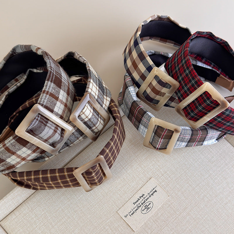 E廠-ins美式復古咖色格子髮箍女百搭寬邊方扣頭箍髮飾秋季學院風新款「27367」25.08-4