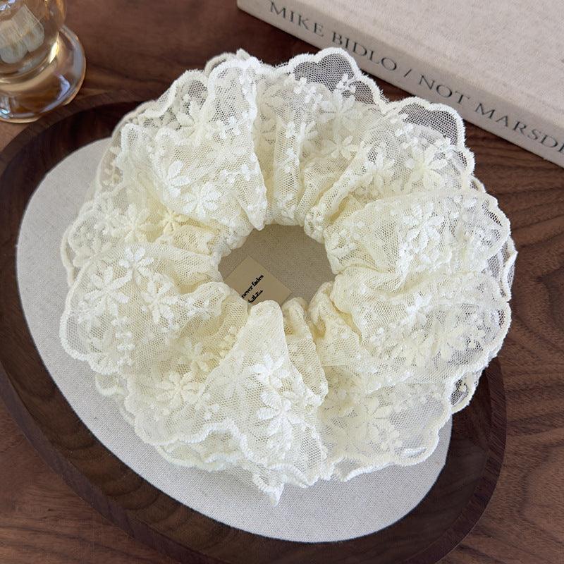 E廠-簡約法式浪漫米色網紗蕾絲花朵枝條雙層大腸圈丸子頭馬尾髮繩髮圈「26785」25.04-2